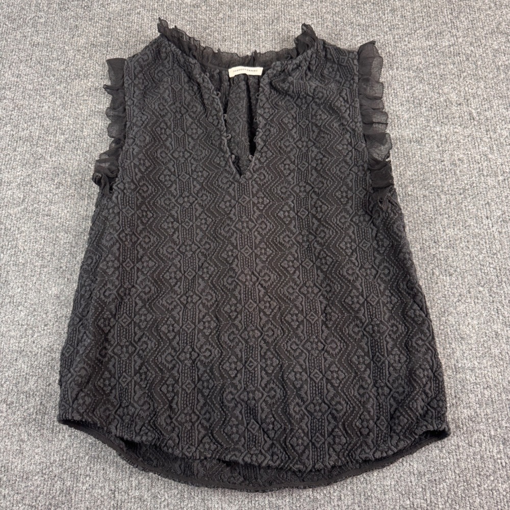 Rebecca Taylor Blouse Womens  Black Silk Embroidered Ruffle Sleeveless Top